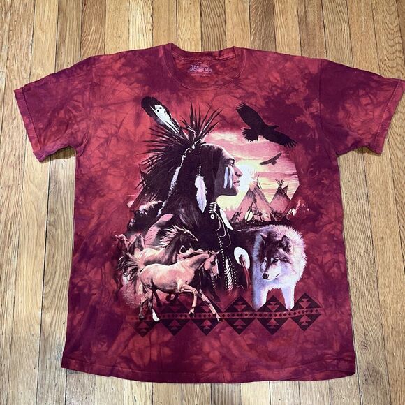 Two (2) The Mountain Native American Graphic Tee Shirts Large Red Tie Dye Blue - Picture 2 of 15